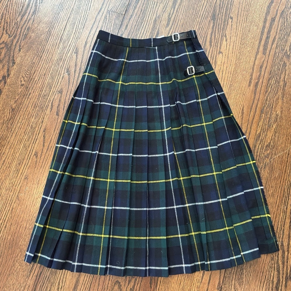 Kinloch Anderson Tartan Kilted Skirt Pleated Wool Green Plaid Sz 10‎ GB Buckle